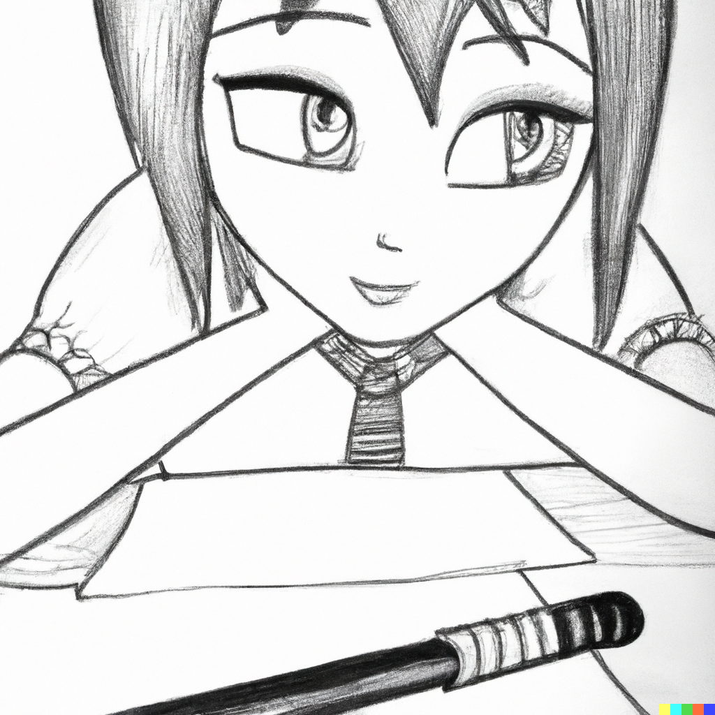 Disegno in stile manga di ragazza sognatrice che scrive
