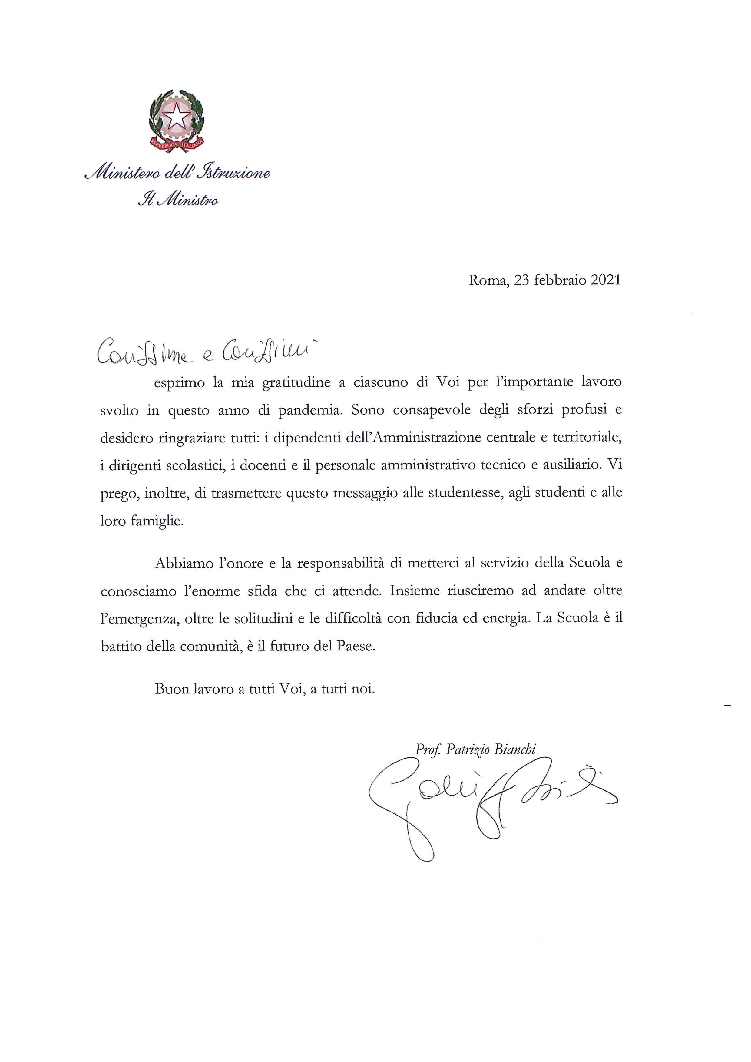 Lettera integrale del ministro