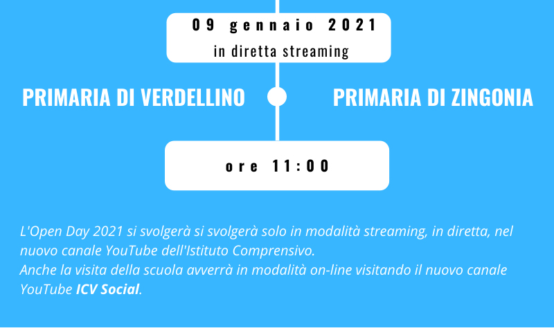Open day 21 primaria il 9 gennaio alle ore 11 solo in modalità streaming sul canale youtube dell'istituto